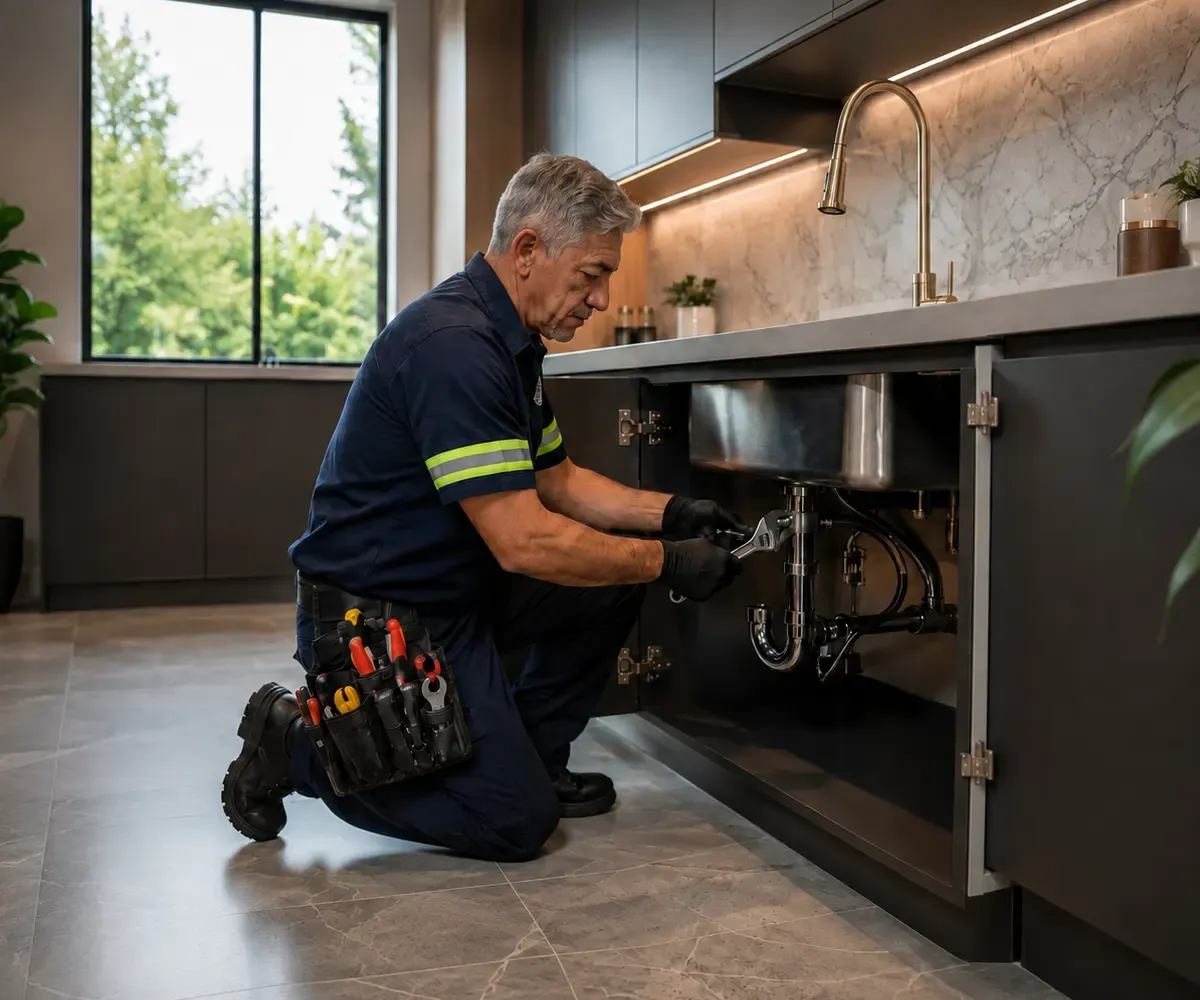 Técnico desobstruyendo el desagüe bajo una pileta de cocina