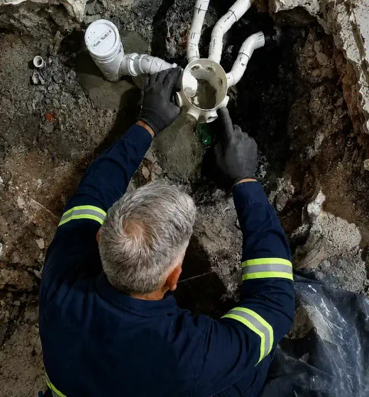 Técnico manipulando una conexión entre tuberías expuestas bajo un piso abierto