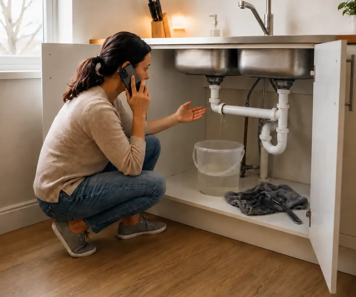 Mujer hablando por teléfono junto a una pérdida de agua debajo de la pileta