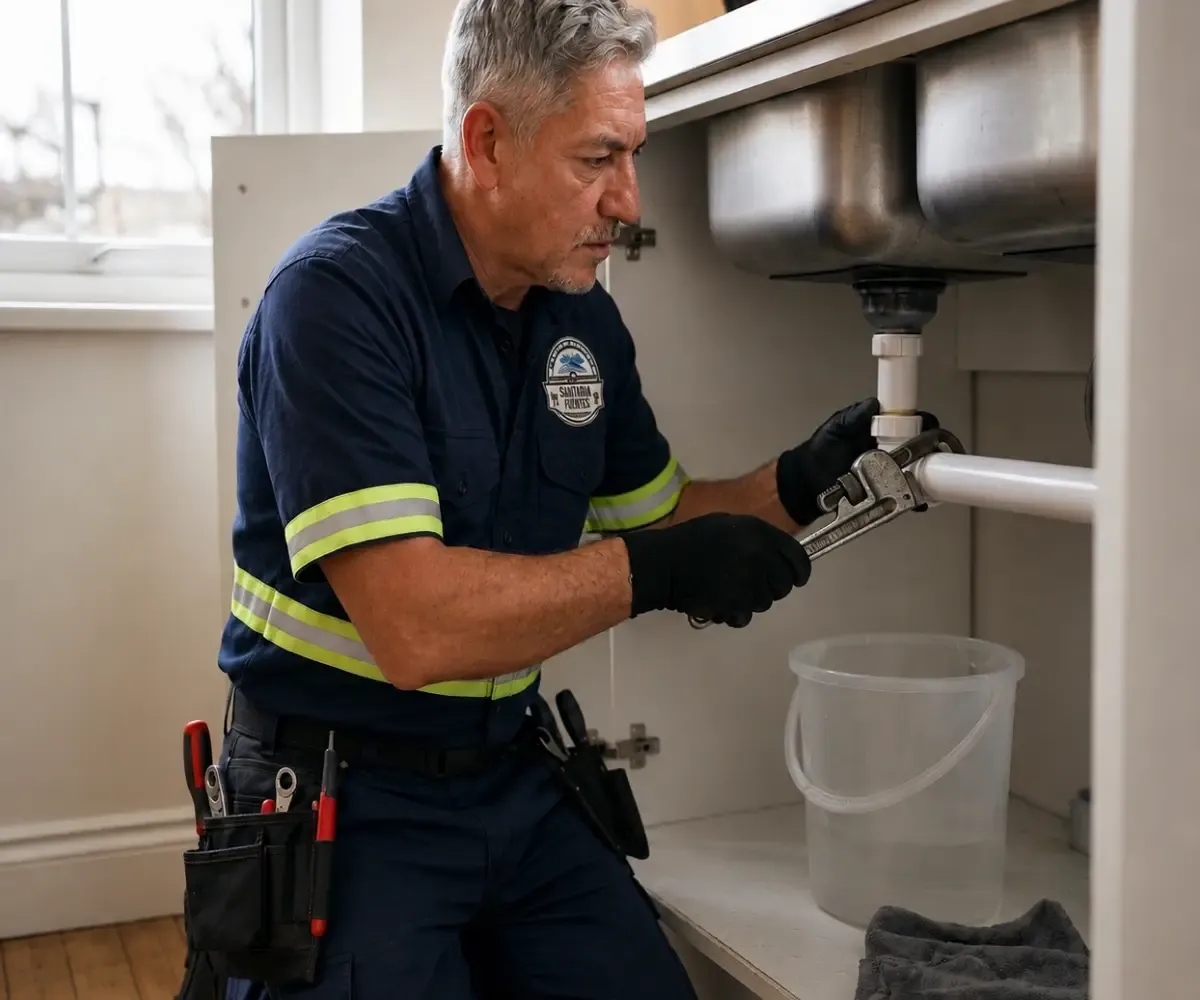 Técnico ajustando una conexión de agua debajo de una pileta