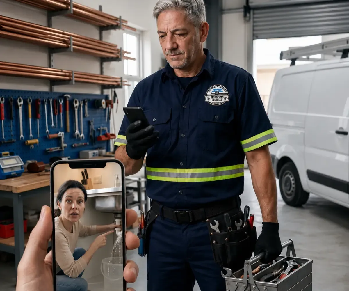 Técnico observando por videollamada una pérdida de agua debajo de la pileta