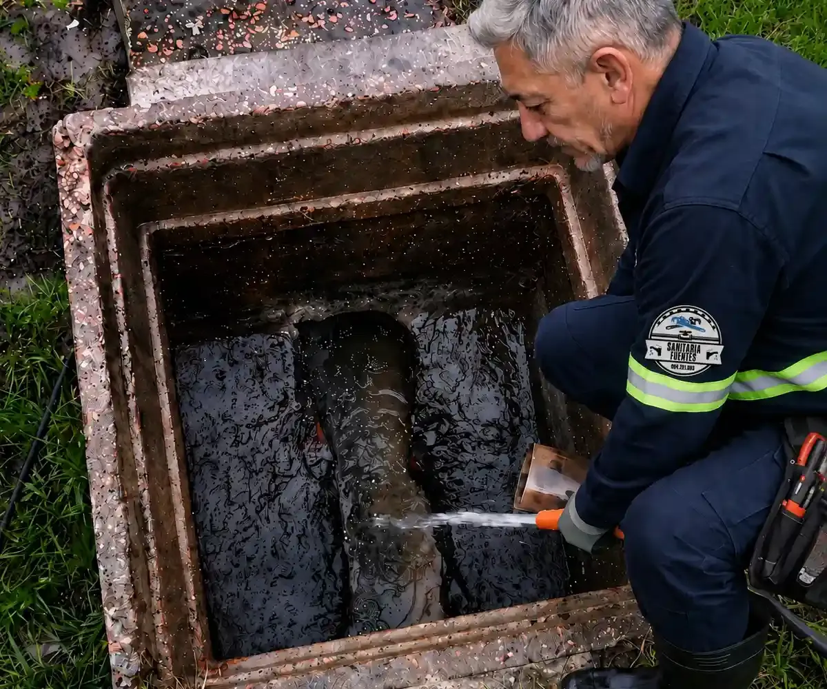 Técnico dirigiendo un chorro de agua hacia una tubería dentro de una cámara abierta