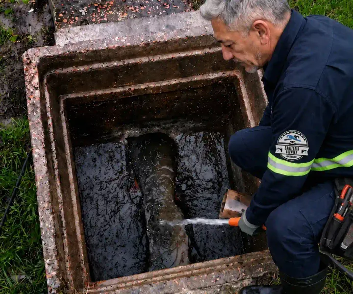 Técnico sanitario comprobando el paso de agua en una cámara exterior