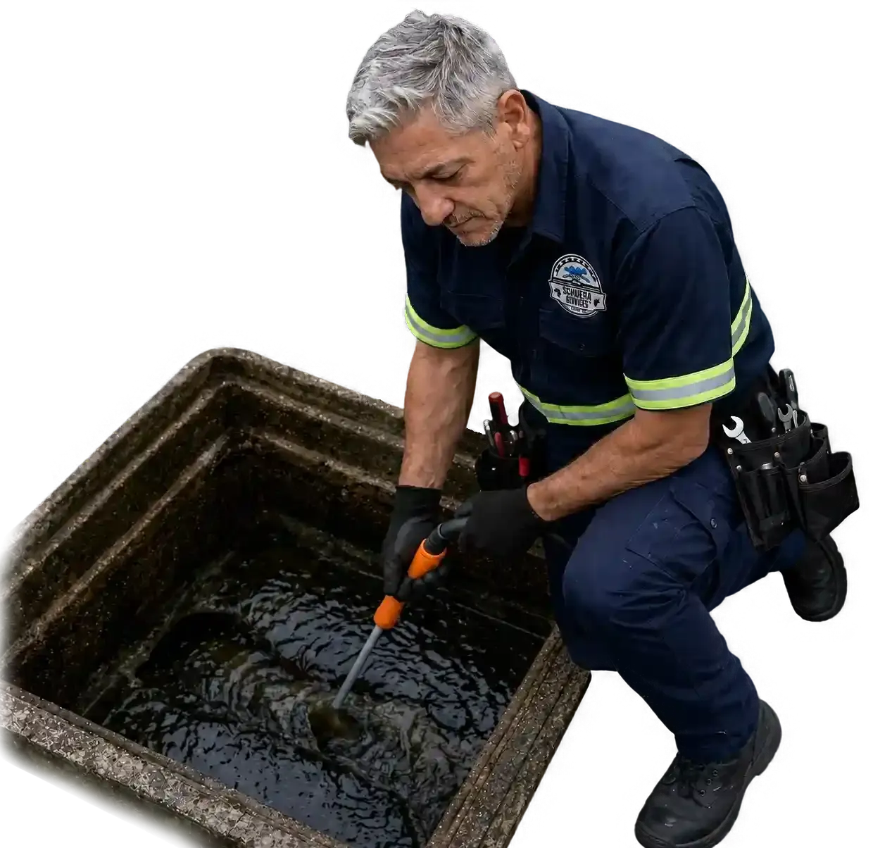 Técnico uniformado usando una herramienta dentro de una cámara abierta