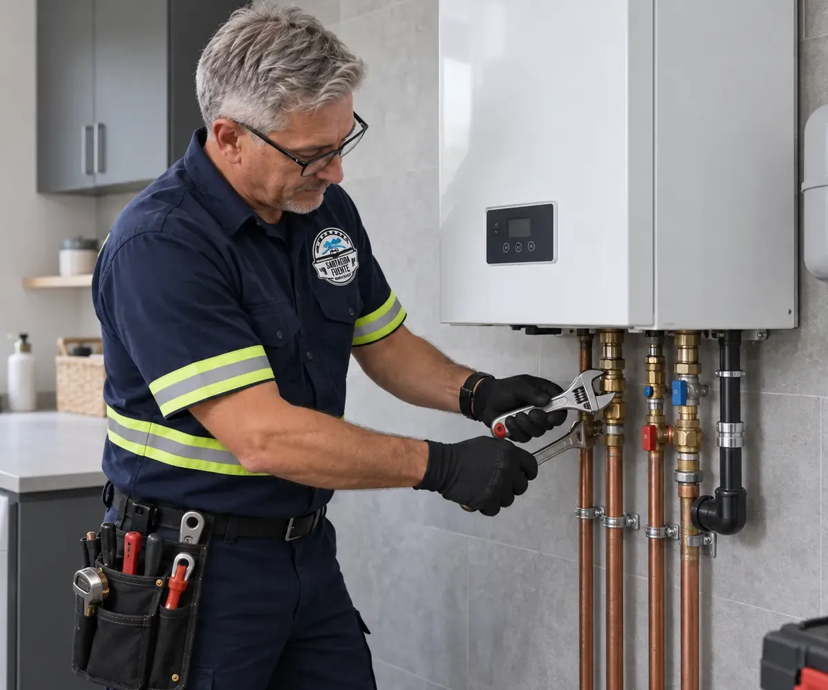 Técnico realizando la conexión sanitaria de un calefón