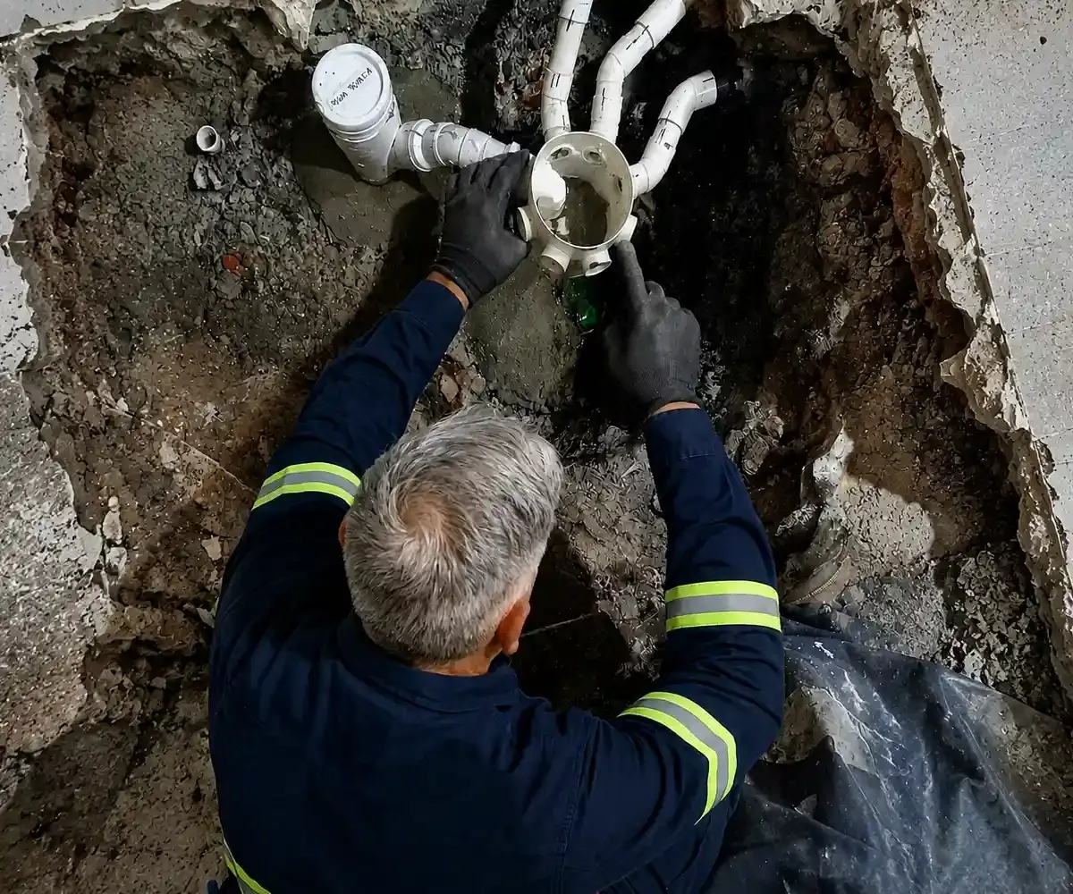 Técnico trabajando sobre cañerías expuestas de agua y desagüe