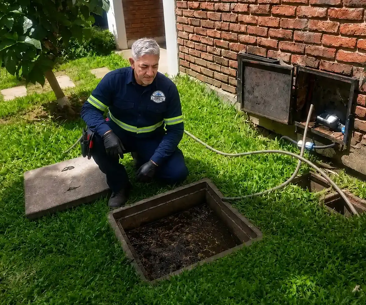 Técnico arrodillado observando una cámara exterior abierta