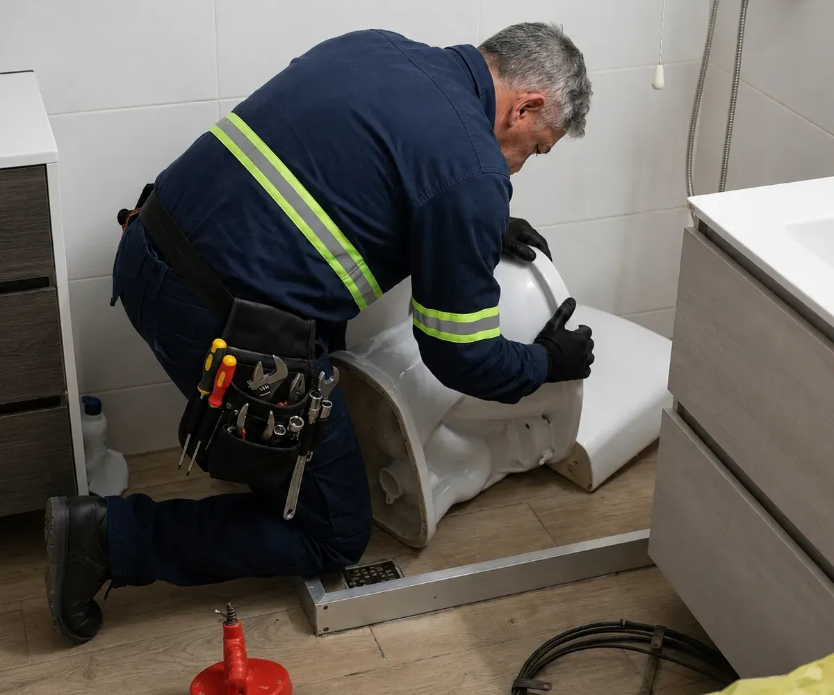 Técnico sanitario revisando cisternas, grifería y baño