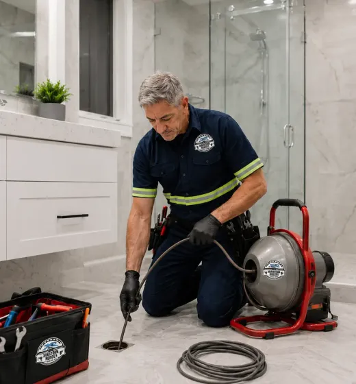 Técnico utilizando una máquina con cable para desobstruir un desagüe de baño