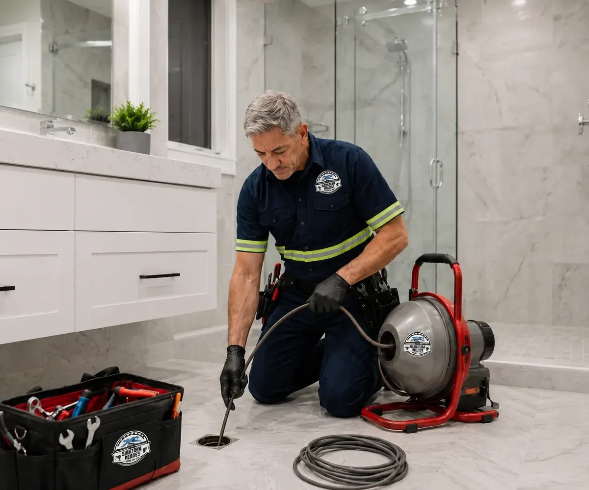 Técnico sanitario realizando desobstrucción de desagüe en baño
