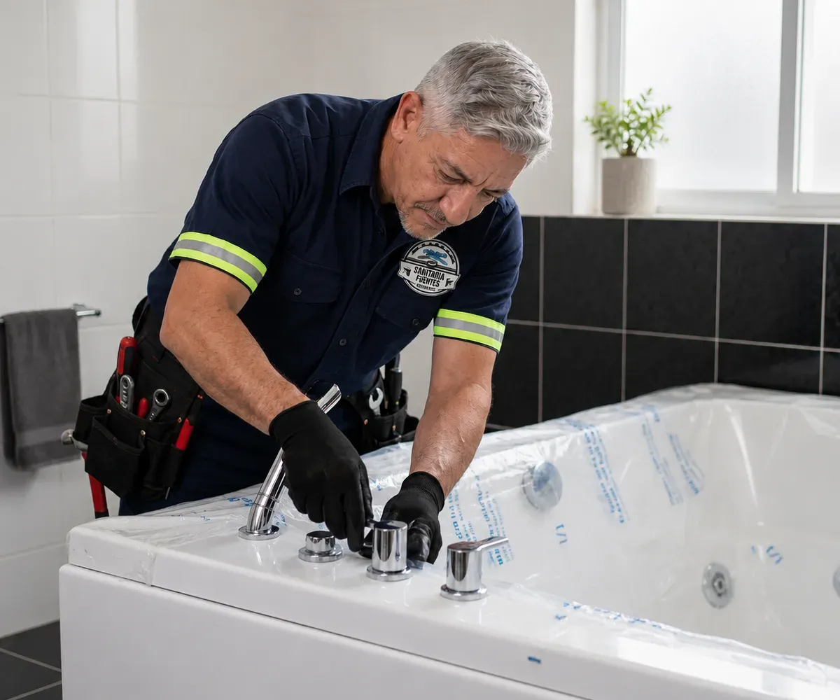 Técnico sanitario instalando controles de jacuzzi