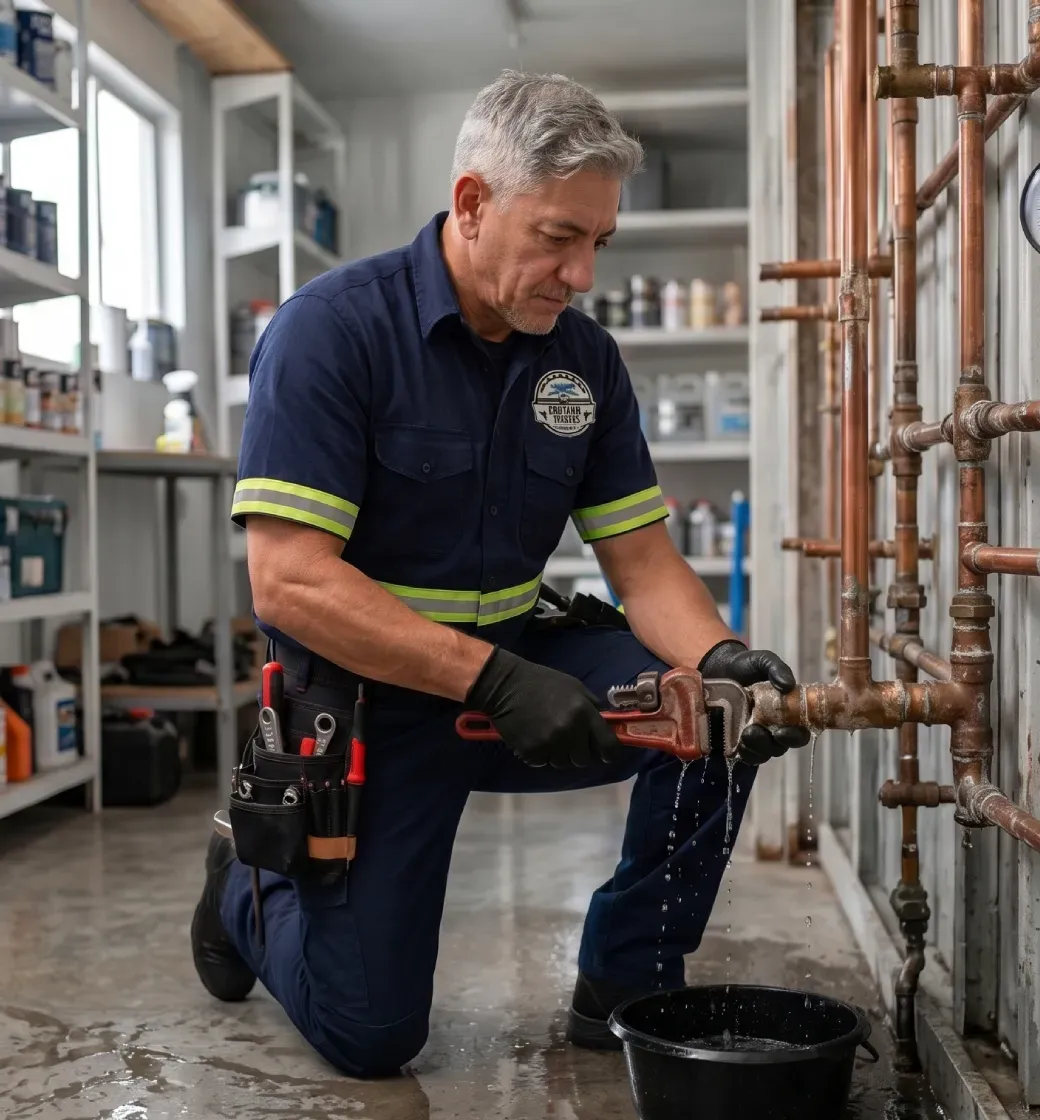 Técnico sanitario reparando una tubería